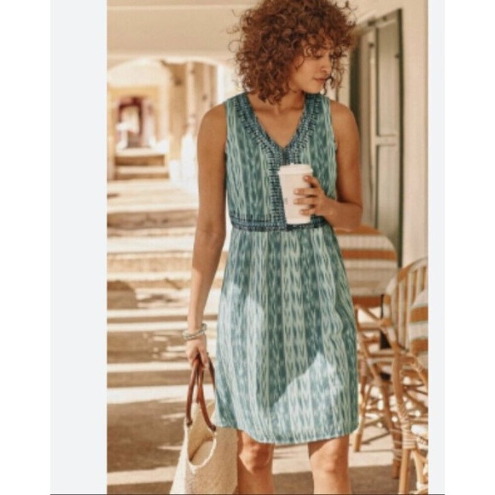 NWT J.Jill Dark Spearmint Embroidered Ikat Dress V-Neck Small-Tall $139